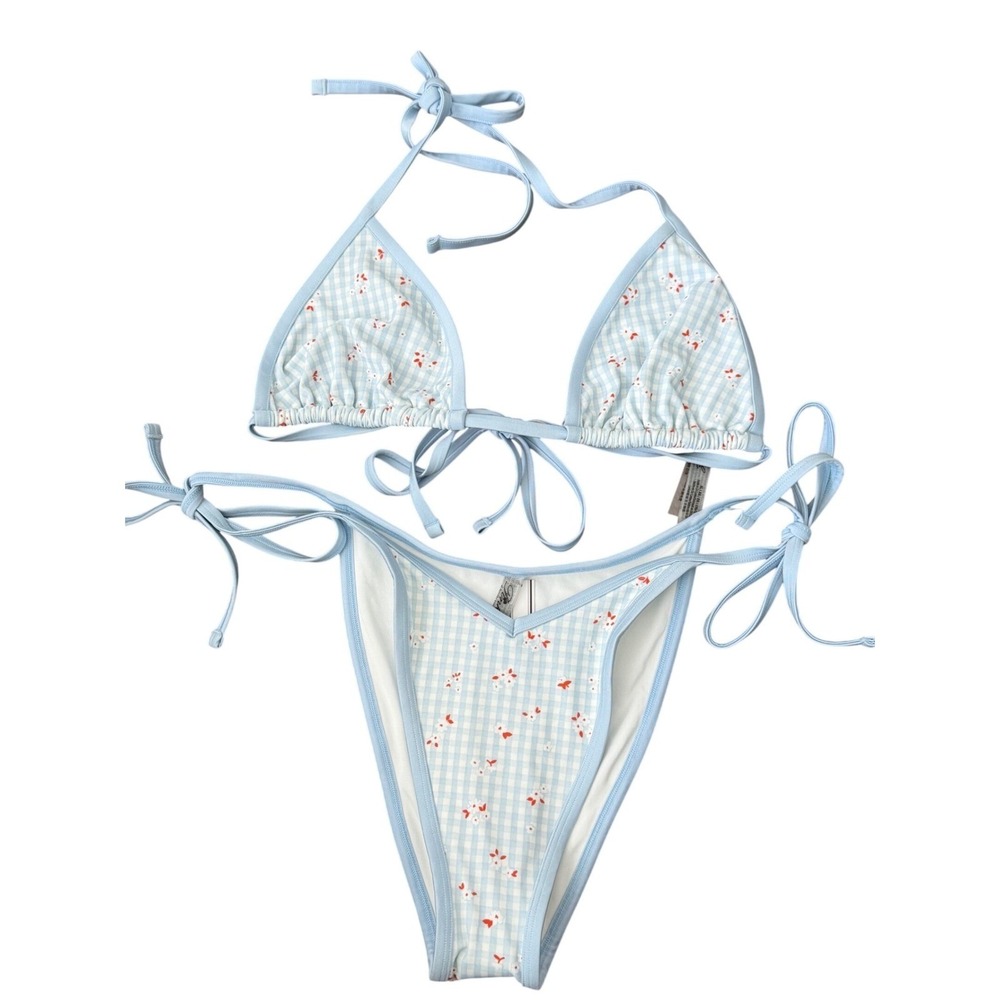 PINK by Frankies Bikinis Blue Gingham Floral Triangle Bikini Set XXL NWT Resort